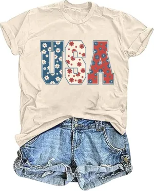 TIXOM Women's USA Floral Flowers Shirt 4th of July American Flag Graphic Tee Independence Day Summer Patriotic Tops