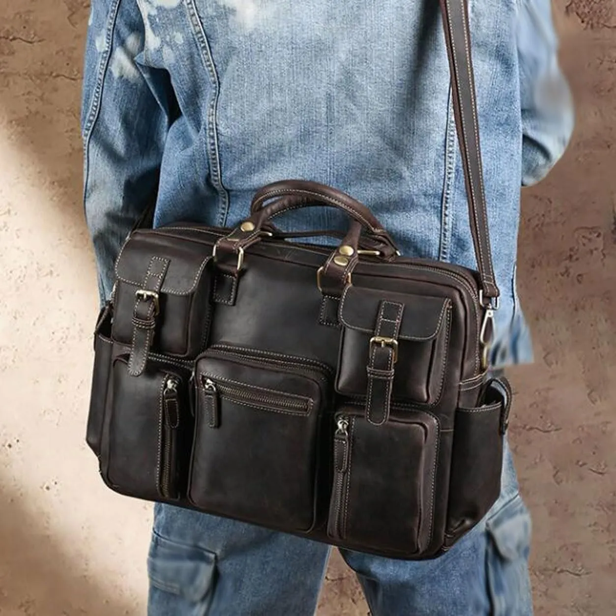 Travel Bags Messenger Shoulder Bags Mens Handbags Laptop Bags Genuine Leather Luggage Briefcases(Black)