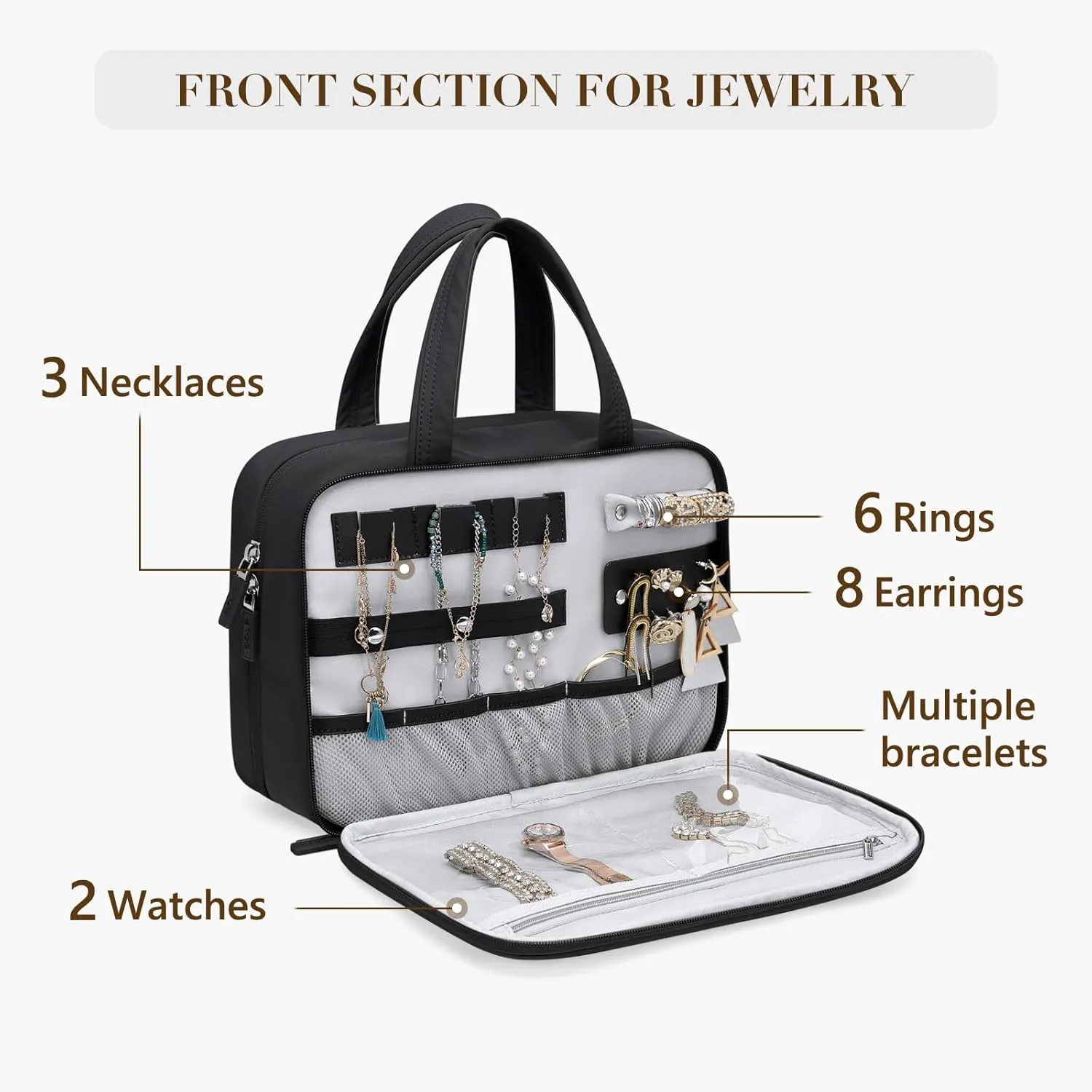 Travel Toiletry Bag,Water-resistant Makeup Cosmetic Bag with Jewelry Organizer Hanging Toiletry Bag for women Trips Camping Bathroom,Black