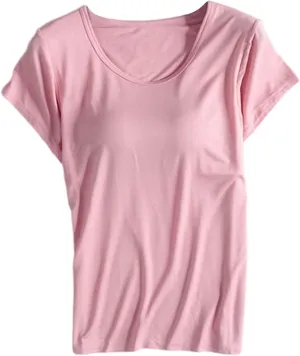 Tshirt with Built in Bra for Women Short Sleeve Plus Size Modal Soft Summer Top Workout Athletic Shirt for Layering