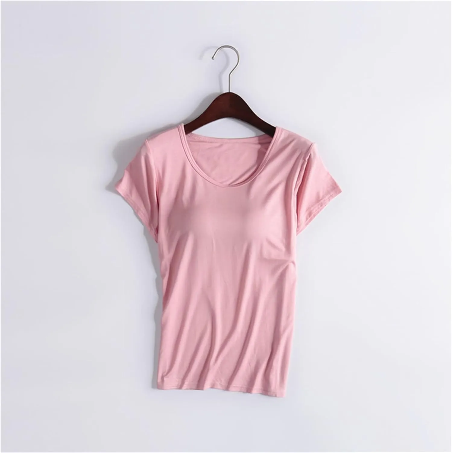 Tshirt with Built in Bra for Women Short Sleeve Plus Size Modal Soft Summer Top Workout Athletic Shirt for Layering