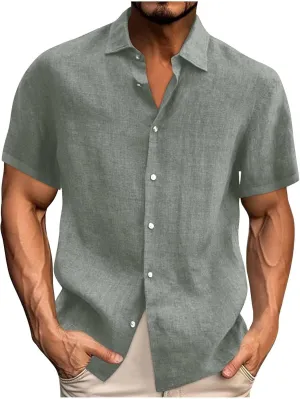 Uillui Mens Cotton Linen Tshirt Shirts Casual Work Dress Short Sleeve Button Down Shirts Summer Hawaiian Beach Cuban Shirt