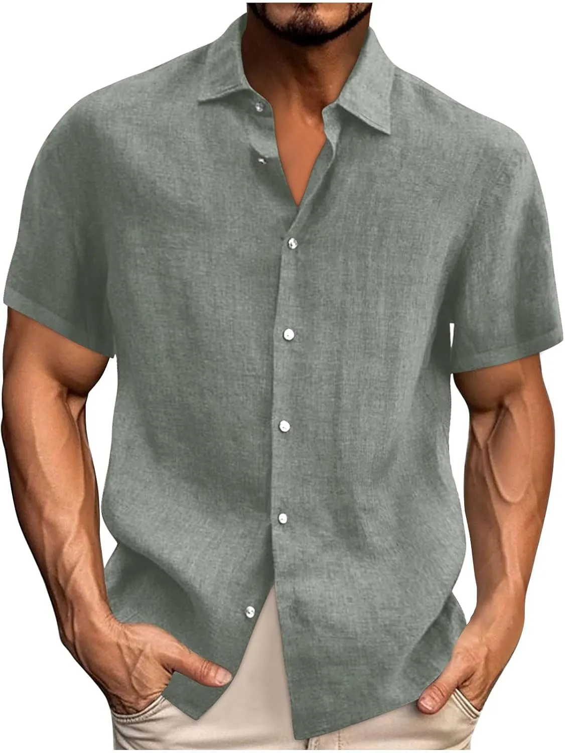 Uillui Mens Cotton Linen Tshirt Shirts Casual Work Dress Short Sleeve Button Down Shirts Summer Hawaiian Beach Cuban Shirt