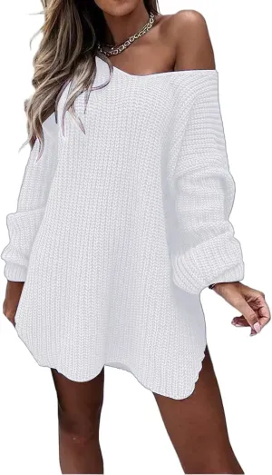 V Neck Sweaters for Women Oversized Off Shoulder Sweater Dresses Trendy Chunky Knit Long Sleeve Pullover Tops v