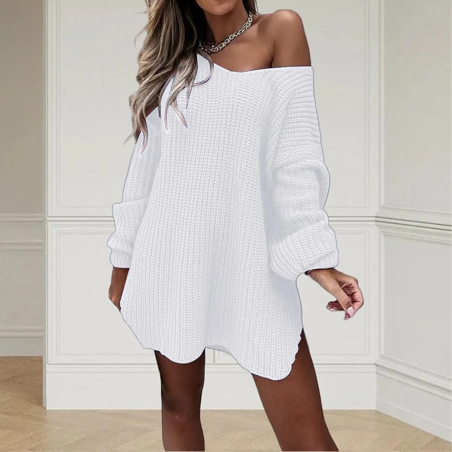 V Neck Sweaters for Women Oversized Off Shoulder Sweater Dresses Trendy Chunky Knit Long Sleeve Pullover Tops v