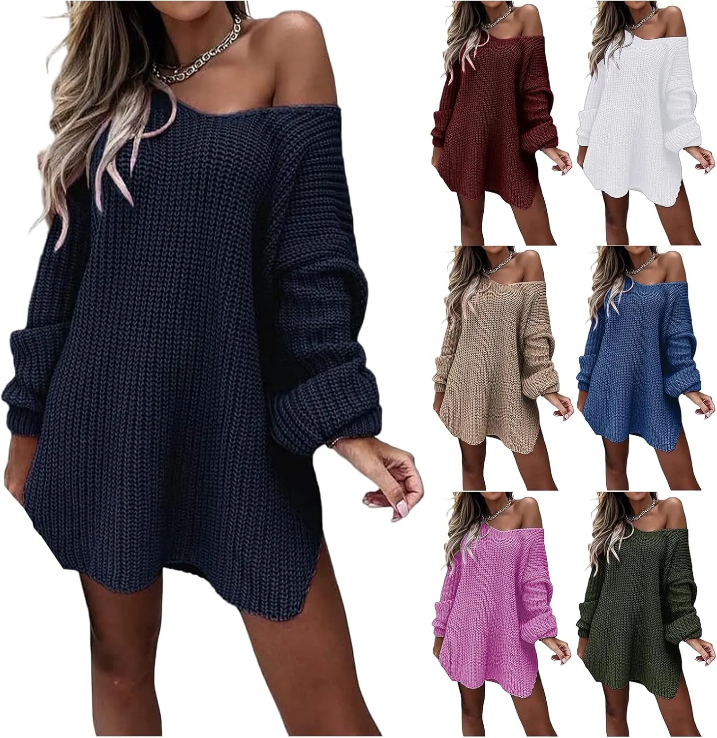 V Neck Sweaters for Women Oversized Off Shoulder Sweater Dresses Trendy Chunky Knit Long Sleeve Pullover Tops v