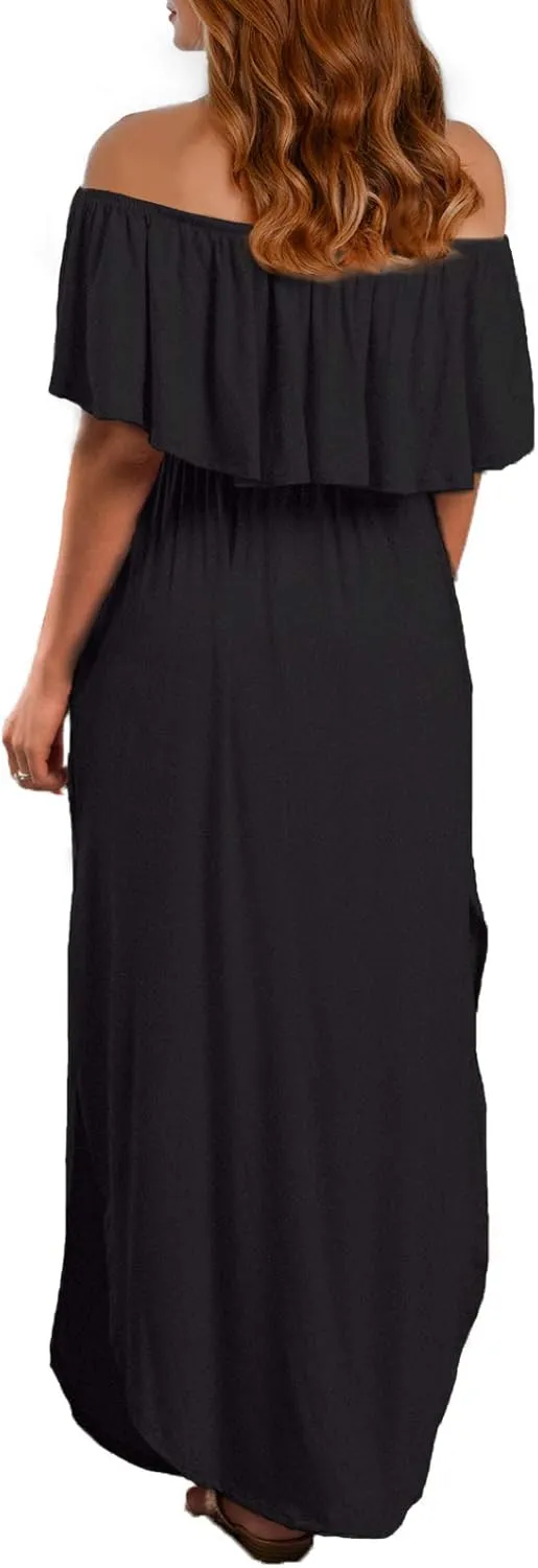 VERABENDI Women's Off Shoulder Summer Casual Long Ruffle Beach Maxi Dress with Pockets