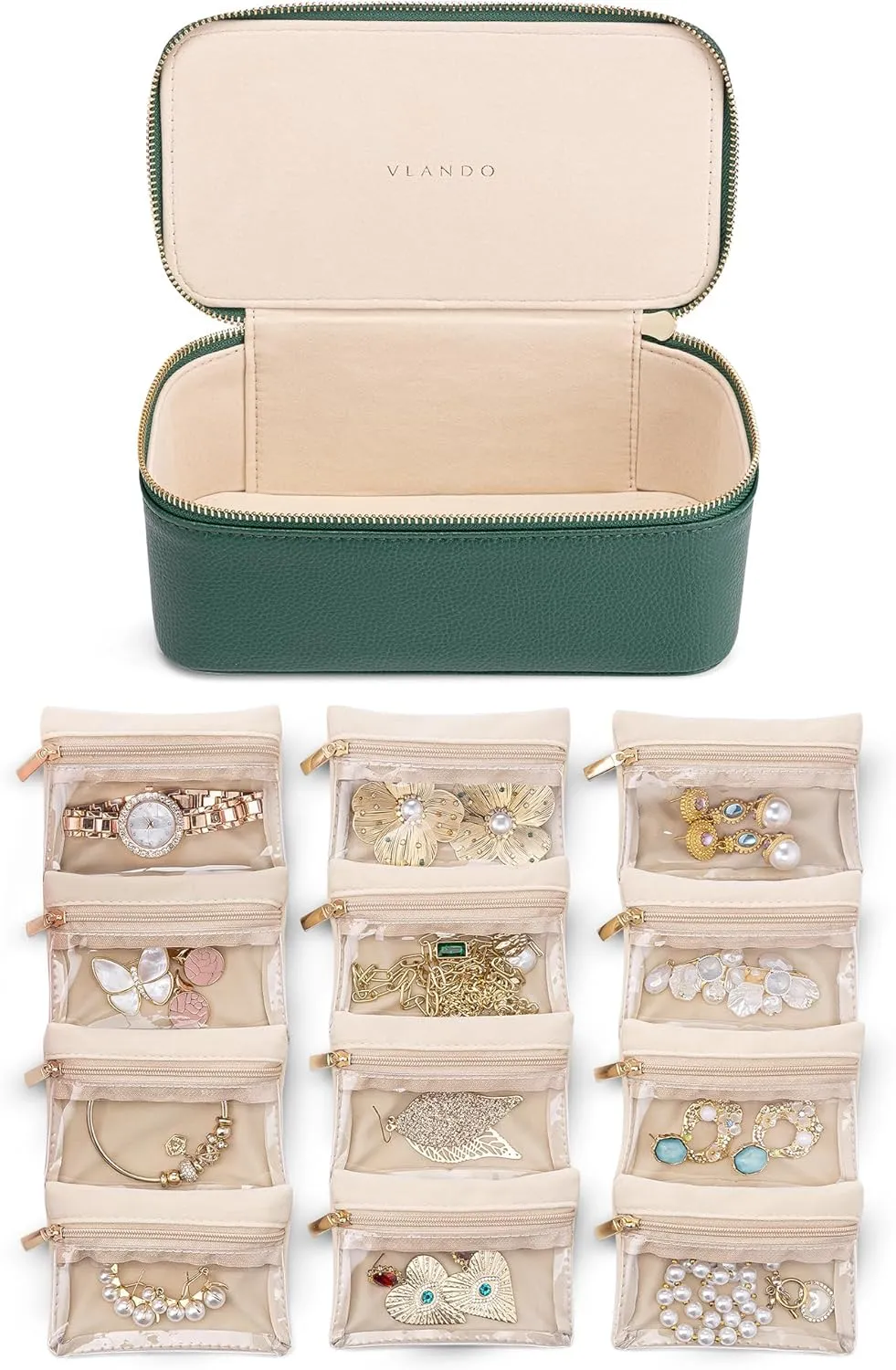 Vlando Gifts for Teachers,Jewelry Case with 12 Velvet Jewelry Bags Travel Jewelry Organzier for Travelers Necklace Rings Earrings Jewelry Bags Birthday Wedding Gifts (Green)