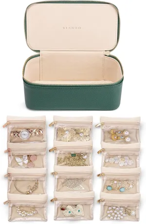 Vlando Gifts for Teachers,Jewelry Case with 12 Velvet Jewelry Bags Travel Jewelry Organzier for Travelers Necklace Rings Earrings Jewelry Bags Birthday Wedding Gifts (Green)