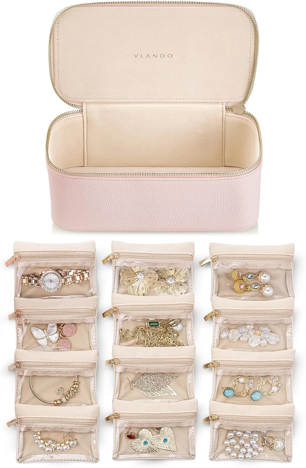 Vlando Teacher Gifts for Women,Jewelry Box with 12 Velvet Jewelry Bags Travel Jewelry Case for Girls Jewelry Organizer for Travelers Birthday Gift Ideas for Women (Pink)