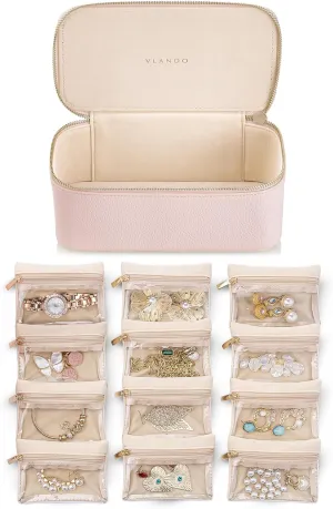 Vlando Teacher Gifts for Women,Jewelry Box with 12 Velvet Jewelry Bags Travel Jewelry Case for Girls Jewelry Organizer for Travelers Birthday Gift Ideas for Women (Pink)