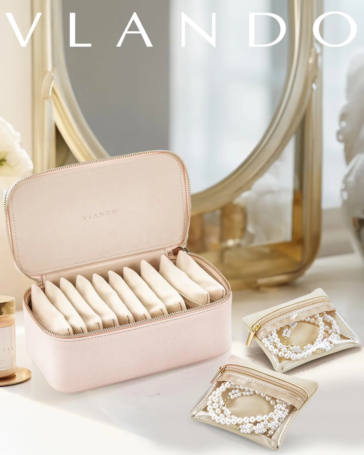 Vlando Teacher Gifts for Women,Jewelry Box with 12 Velvet Jewelry Bags Travel Jewelry Case for Girls Jewelry Organizer for Travelers Birthday Gift Ideas for Women (Pink)