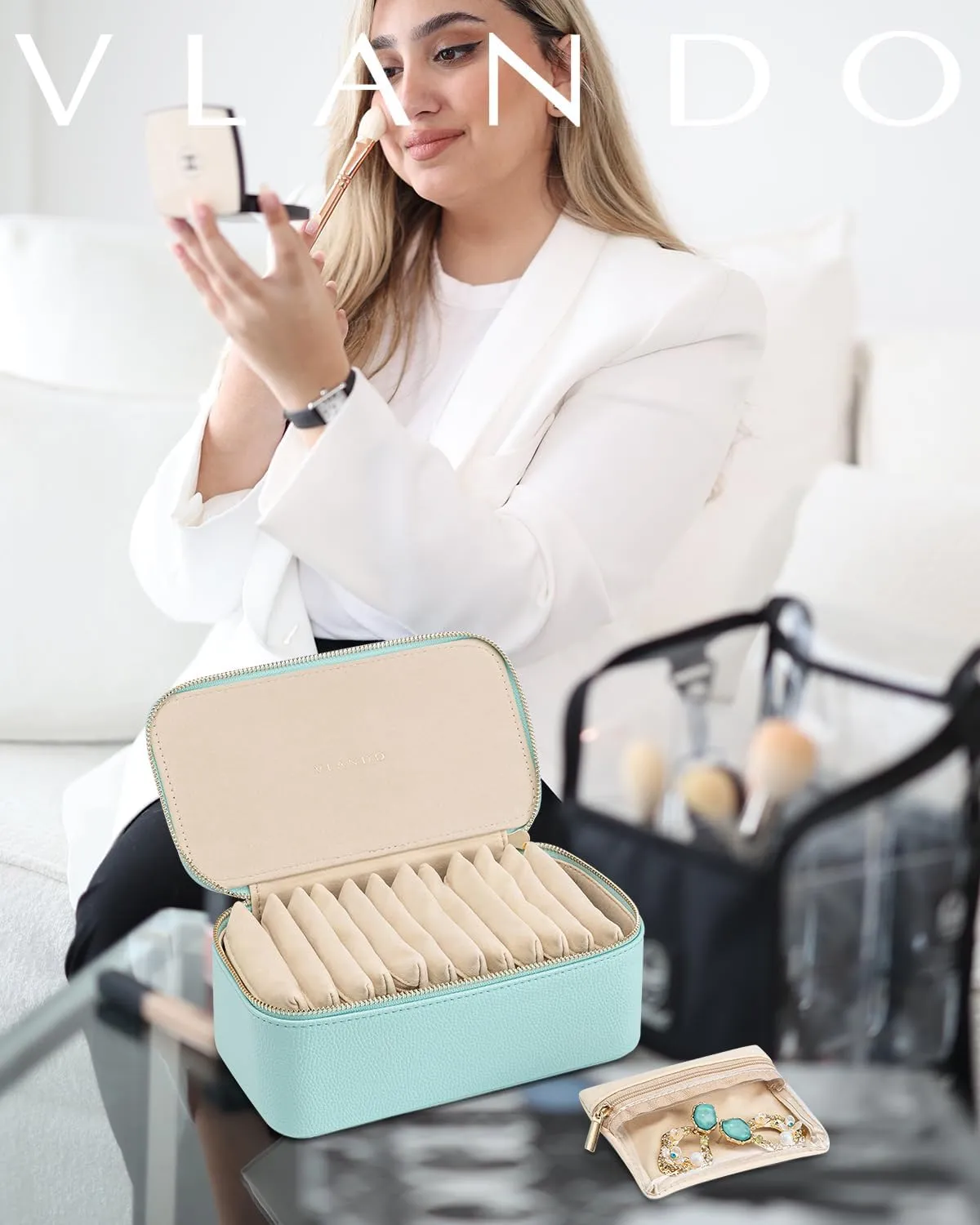 Vlando Travel Jewelry Organizer with 12 Velvet Jewelry Bags Travel Jewelry Case for Girls Jewelry Storage Necklace Rings Earrings Bags Gifts for Women Daughter Friends(Lake Blue)