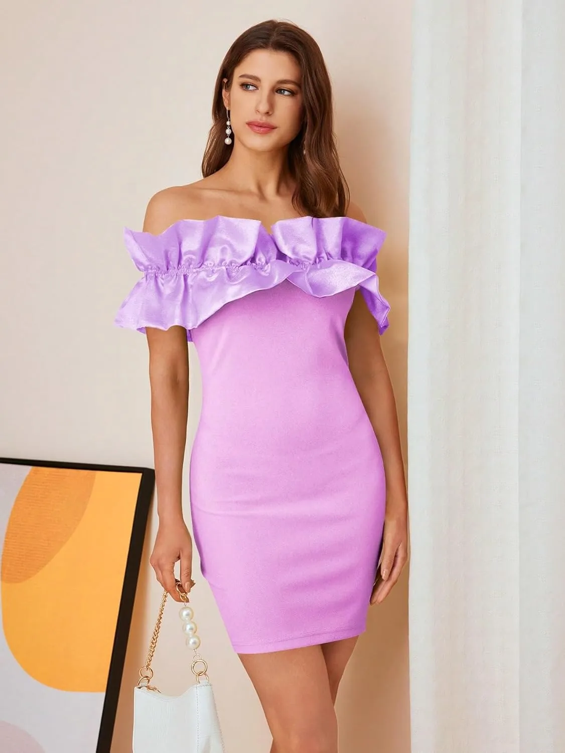 WDIRARA Women's Off Shoulder Strapless Ruffle Trim Sleeveless Bodycon Mini Party Dress