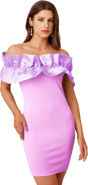 WDIRARA Women's Off Shoulder Strapless Ruffle Trim Sleeveless Bodycon Mini Party Dress