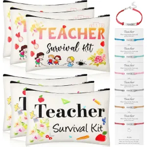 Weewooday 12 Pcs Teacher Appreciation Present Set 6 Teacher Survival Kit Bag Makeup Pouch Pencil Bag, 6 Blessing Card Bracelet Kit(7.9 x 5.3 Inch,Chic Style)