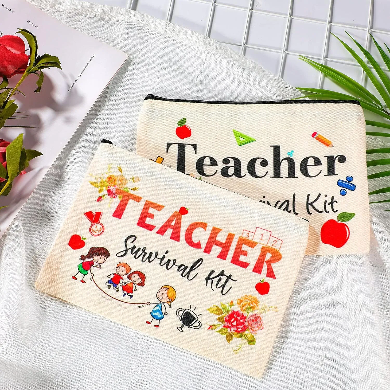 Weewooday 12 Pcs Teacher Appreciation Present Set 6 Teacher Survival Kit Bag Makeup Pouch Pencil Bag, 6 Blessing Card Bracelet Kit(7.9 x 5.3 Inch,Chic Style)