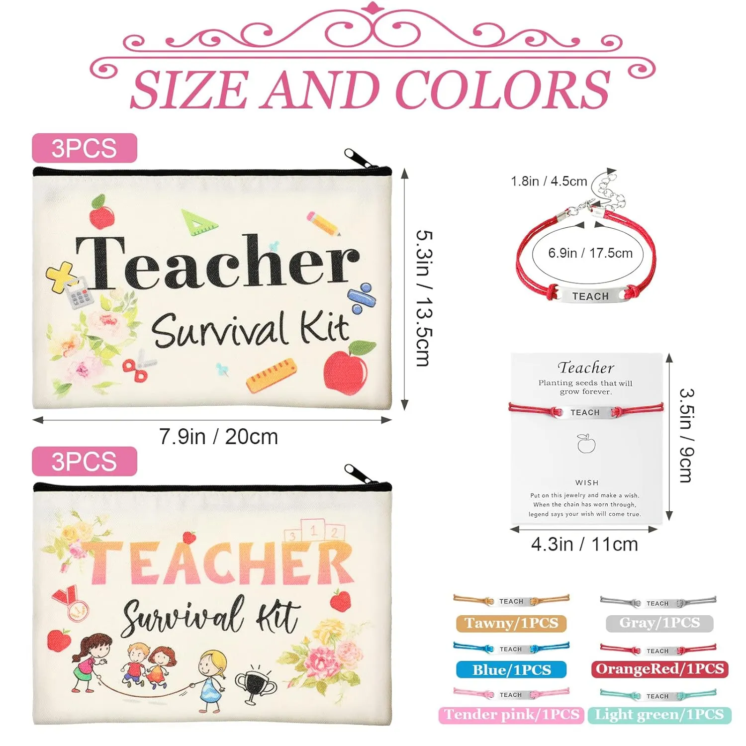 Weewooday 12 Pcs Teacher Appreciation Present Set 6 Teacher Survival Kit Bag Makeup Pouch Pencil Bag, 6 Blessing Card Bracelet Kit(7.9 x 5.3 Inch,Chic Style)
