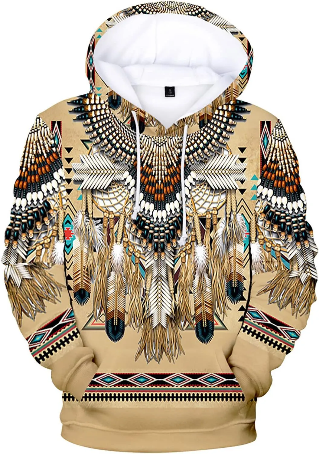 WENKOMG1 Mens Ethnic Printed Hoodies Long Sleeve Native Style Graphic Pullover Winter Fall American Indian Sweatshirt