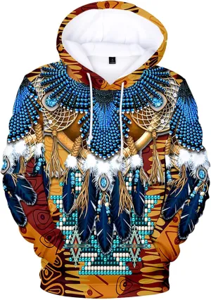 WENKOMG1 Mens Ethnic Printed Hoodies Long Sleeve Native Style Graphic Pullover Winter Fall American Indian Sweatshirt