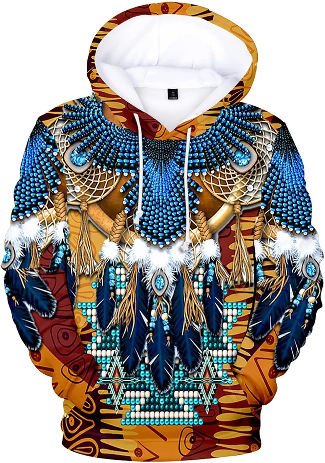 WENKOMG1 Mens Ethnic Printed Hoodies Long Sleeve Native Style Graphic Pullover Winter Fall American Indian Sweatshirt