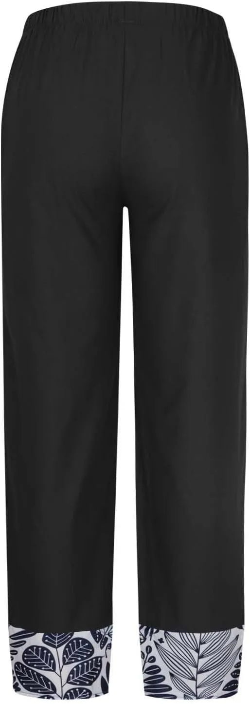 Wide Leg Linen Pants for Womens Capri Summer Pants Palazzo Lounge Elastic Waist Cropped Beach Trousers Slacks Clothes
