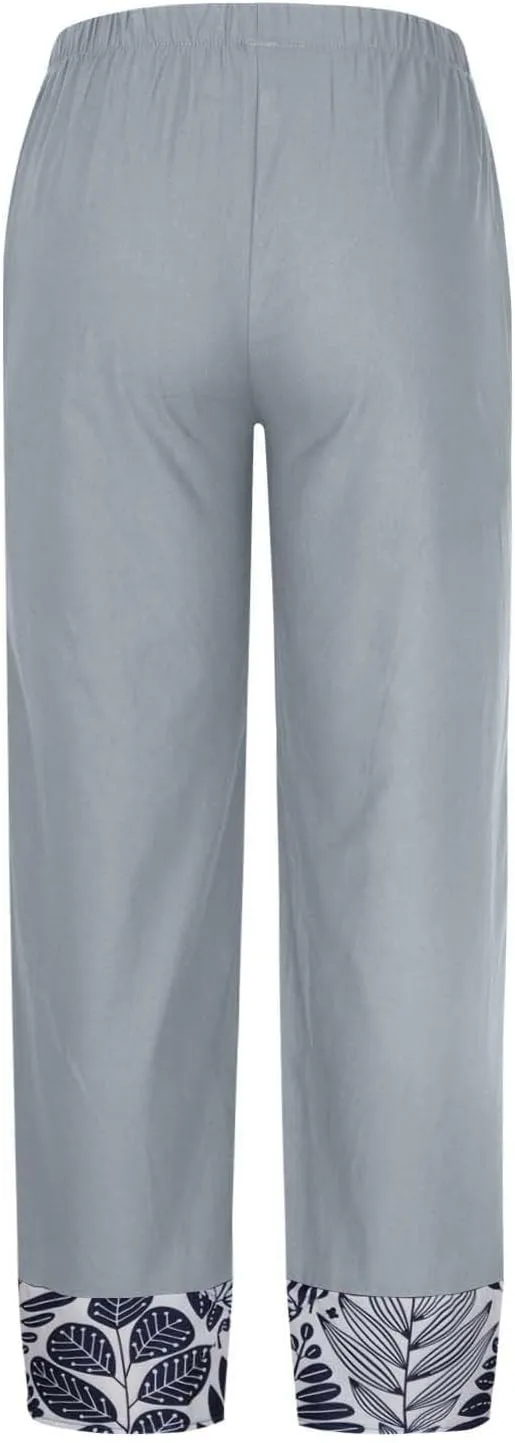 Wide Leg Linen Pants for Womens Capri Summer Pants Palazzo Lounge Elastic Waist Cropped Beach Trousers Slacks Clothes