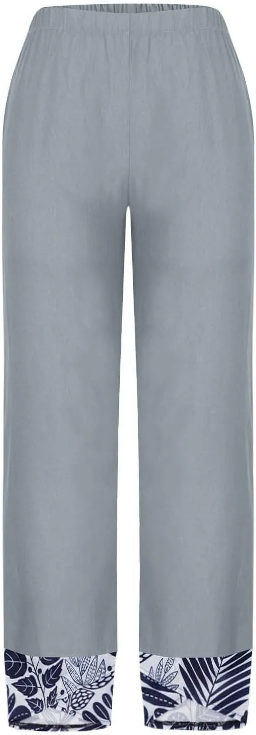 Wide Leg Linen Pants for Womens Capri Summer Pants Palazzo Lounge Elastic Waist Cropped Beach Trousers Slacks Clothes