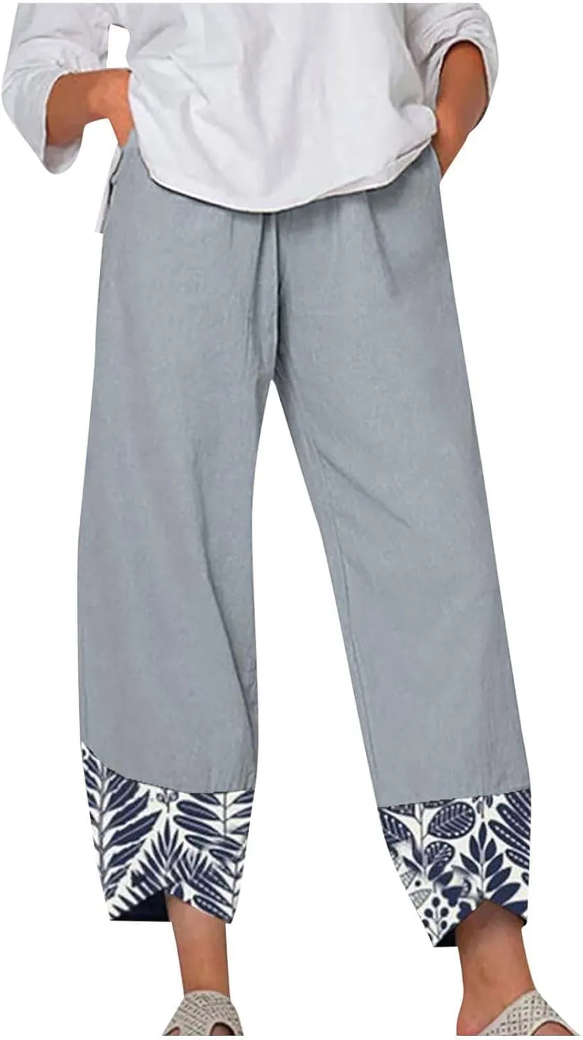 Wide Leg Linen Pants for Womens Capri Summer Pants Palazzo Lounge Elastic Waist Cropped Beach Trousers Slacks Clothes