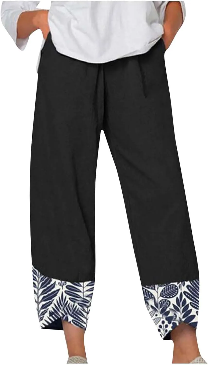Wide Leg Linen Pants for Womens Capri Summer Pants Palazzo Lounge Elastic Waist Cropped Beach Trousers Slacks Clothes