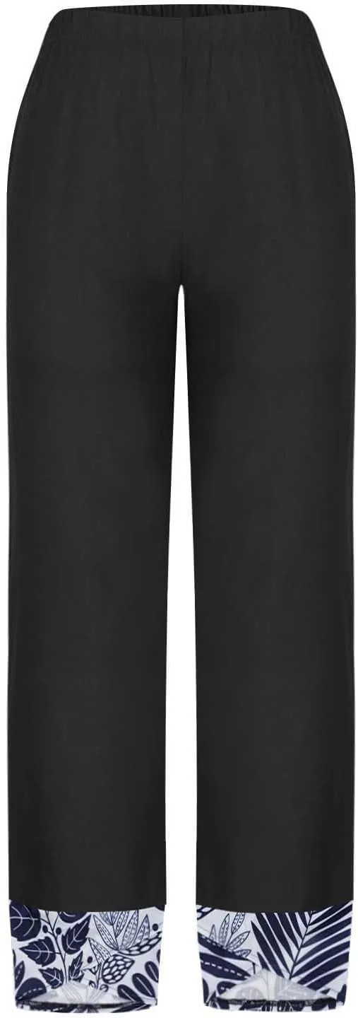Wide Leg Linen Pants for Womens Capri Summer Pants Palazzo Lounge Elastic Waist Cropped Beach Trousers Slacks Clothes