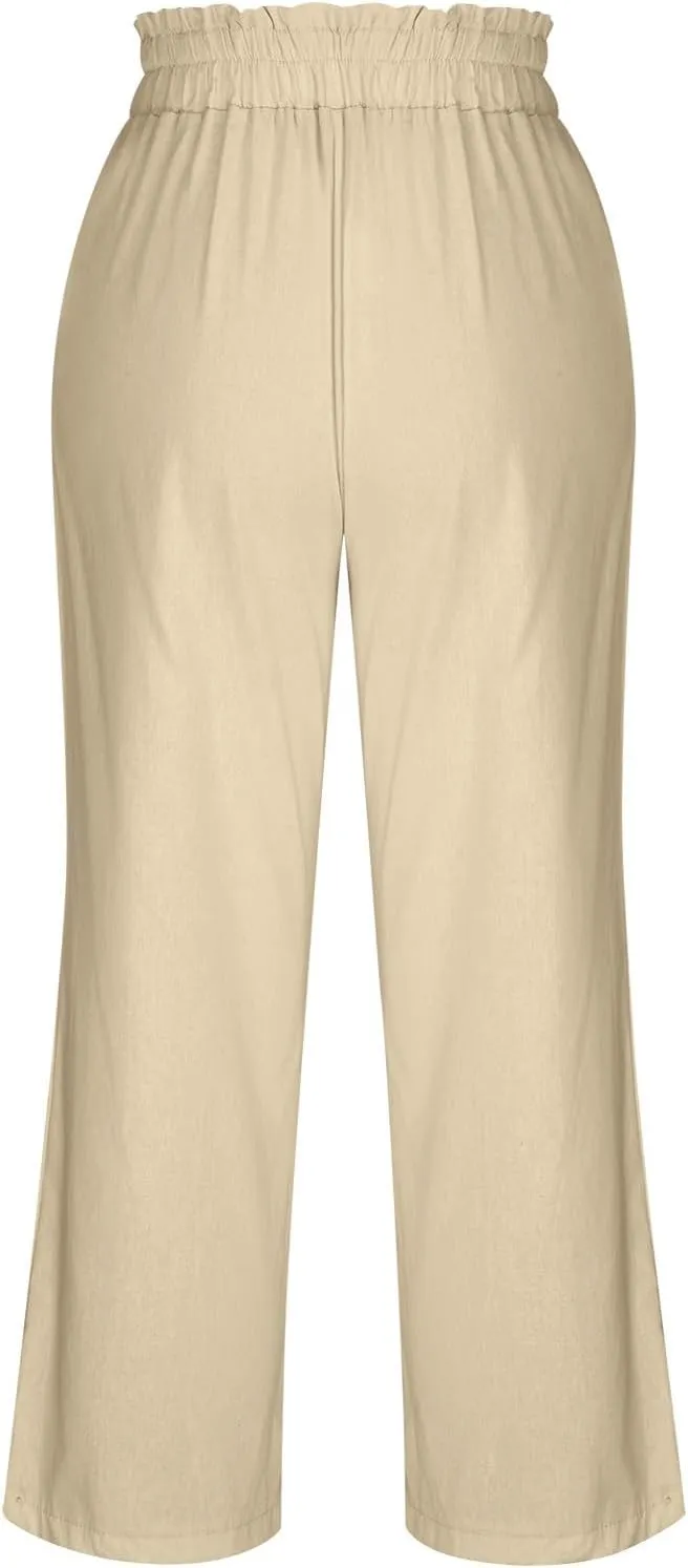 Wide Leg Pants Women Linen Blend High Waisted Trouser Elastic Waist Drawstring Pants Loose Lounge Pants Summer Pants