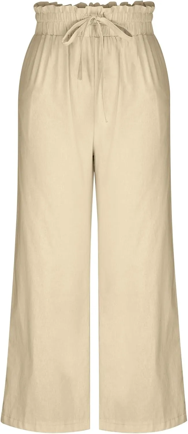 Wide Leg Pants Women Linen Blend High Waisted Trouser Elastic Waist Drawstring Pants Loose Lounge Pants Summer Pants