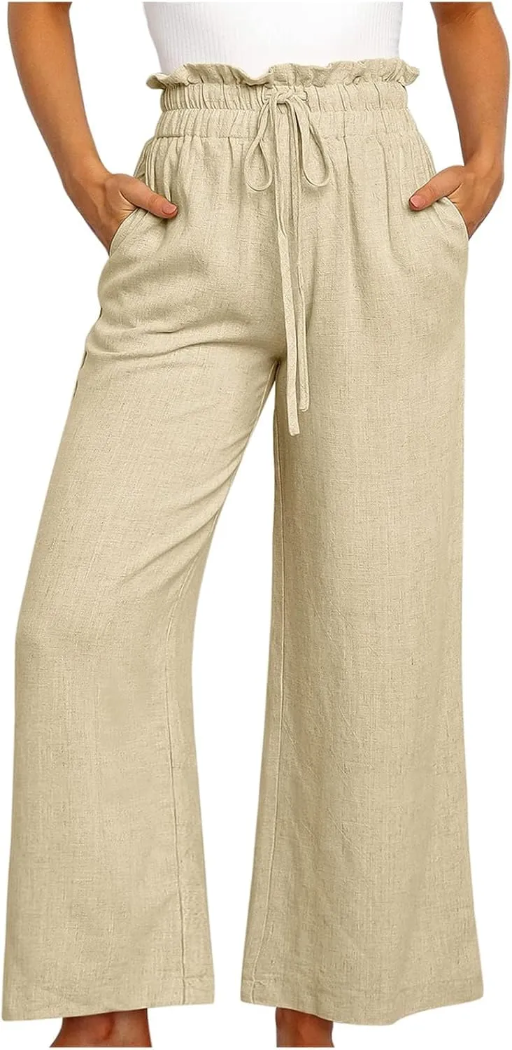 Wide Leg Pants Women Linen Blend High Waisted Trouser Elastic Waist Drawstring Pants Loose Lounge Pants Summer Pants
