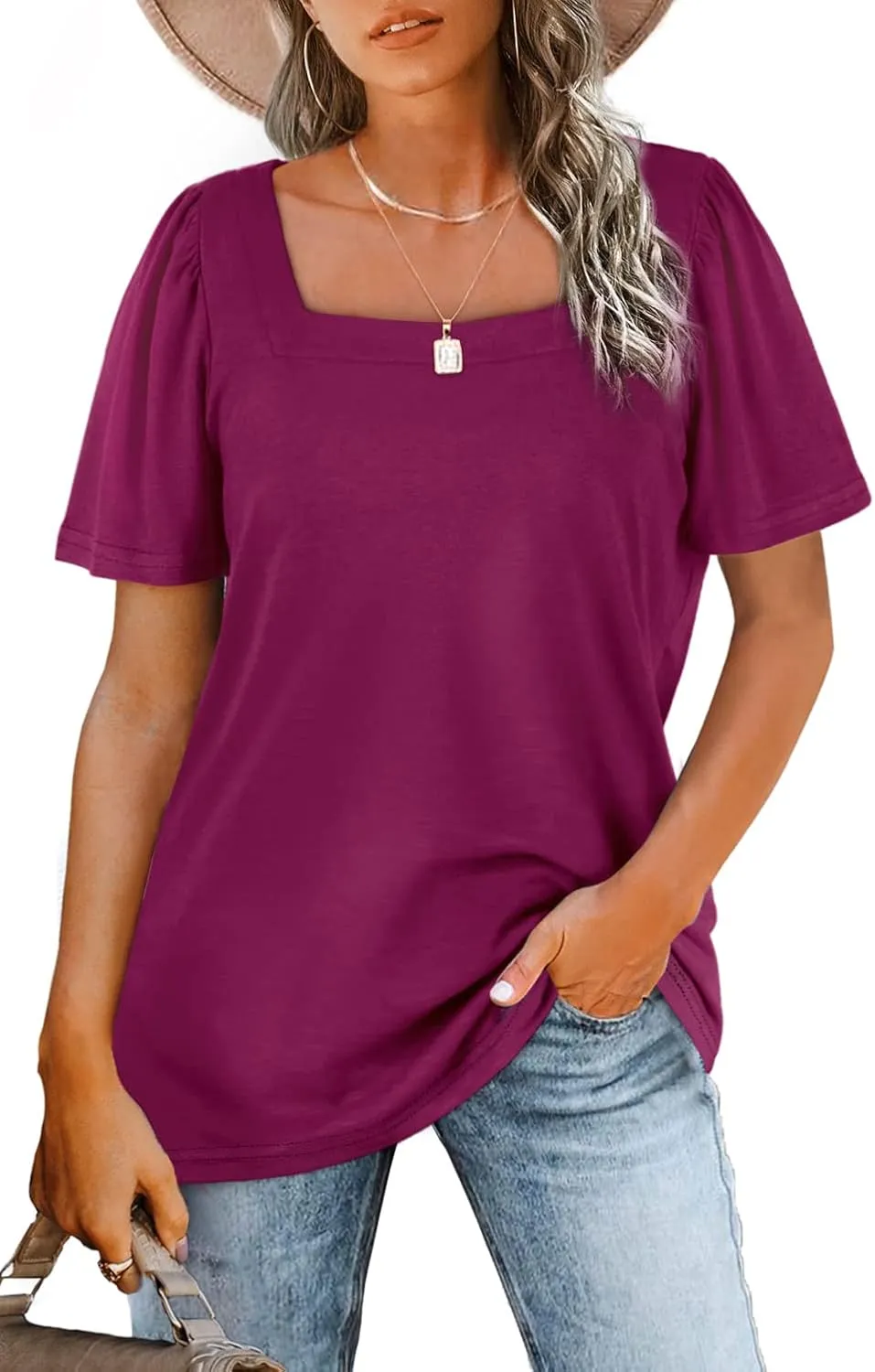 WIHOLL Womens Summer Tops Casual Square Neck Puff Short Sleeve T Shirts