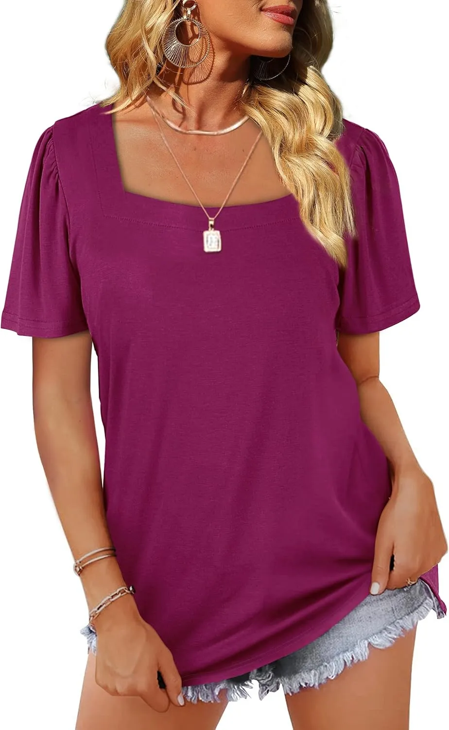 WIHOLL Womens Summer Tops Casual Square Neck Puff Short Sleeve T Shirts