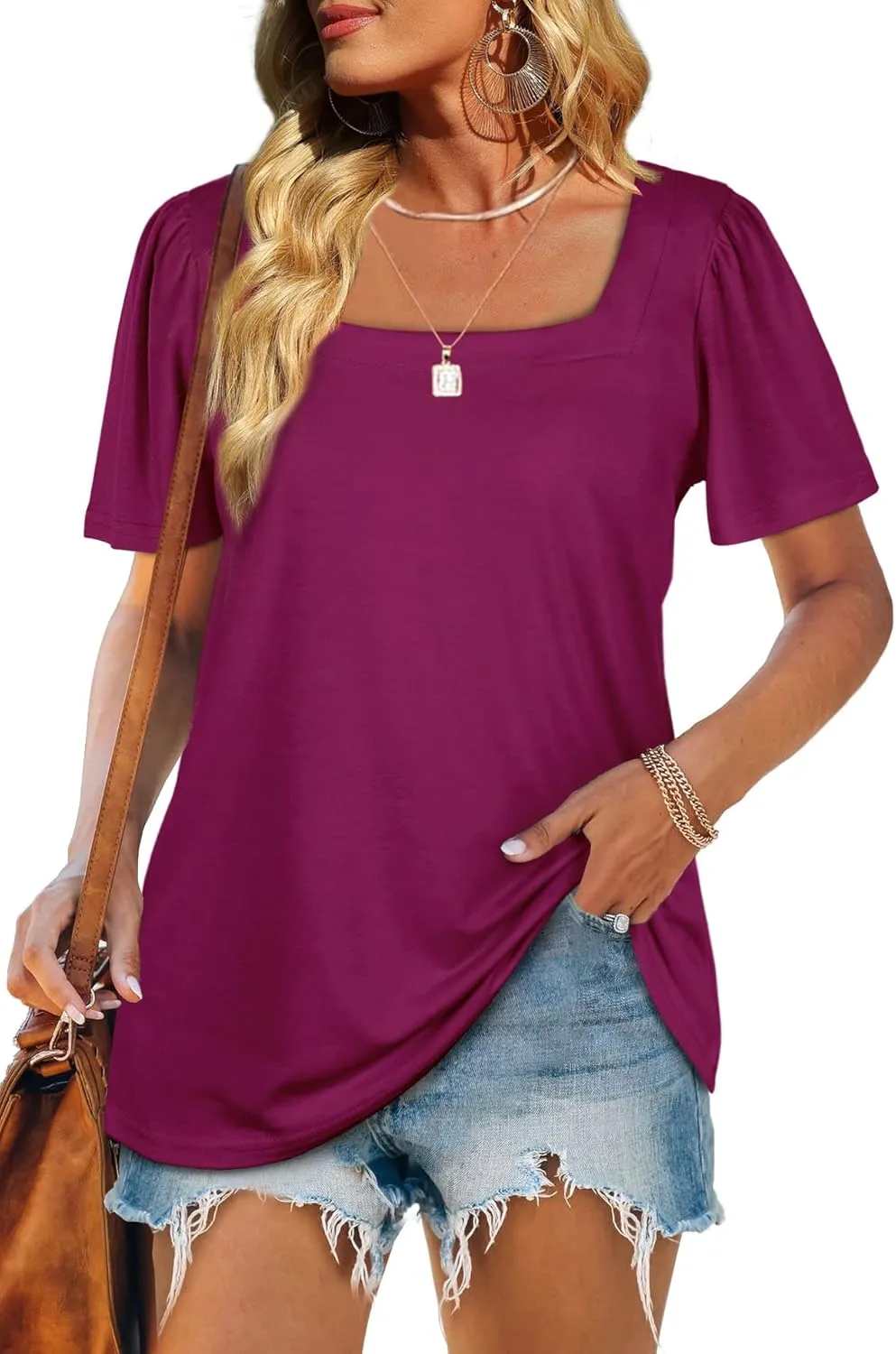 WIHOLL Womens Summer Tops Casual Square Neck Puff Short Sleeve T Shirts