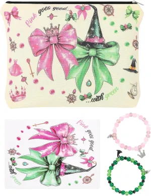Witch-Inspired Gift Set for Women  Pink & Green BFF Friendship Bracelets and Makeup Bag, Magical Accessories for Fans of Wicked Style, Elphaba & Glinda Themed Gifts for Birthday or Halloween