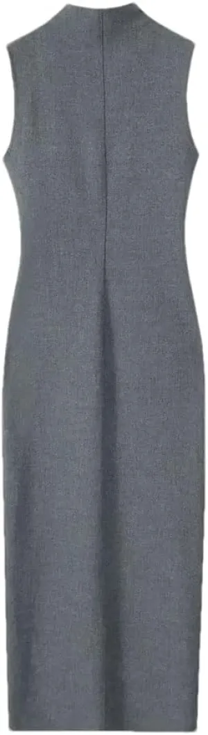 Women Back Zipper Slit Midi Dress Vintage O-Neck Sleeveless Dresses Back Zipper Long Skirt