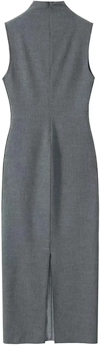 Women Back Zipper Slit Midi Dress Vintage O-Neck Sleeveless Dresses Back Zipper Long Skirt