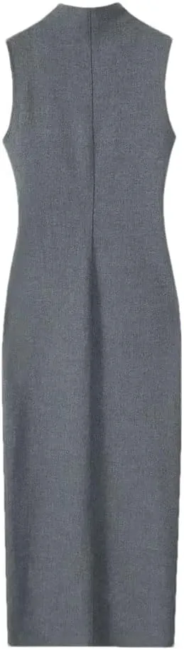 Women Back Zipper Slit Midi Dress Vintage O-Neck Sleeveless Dresses Back Zipper Long Skirt