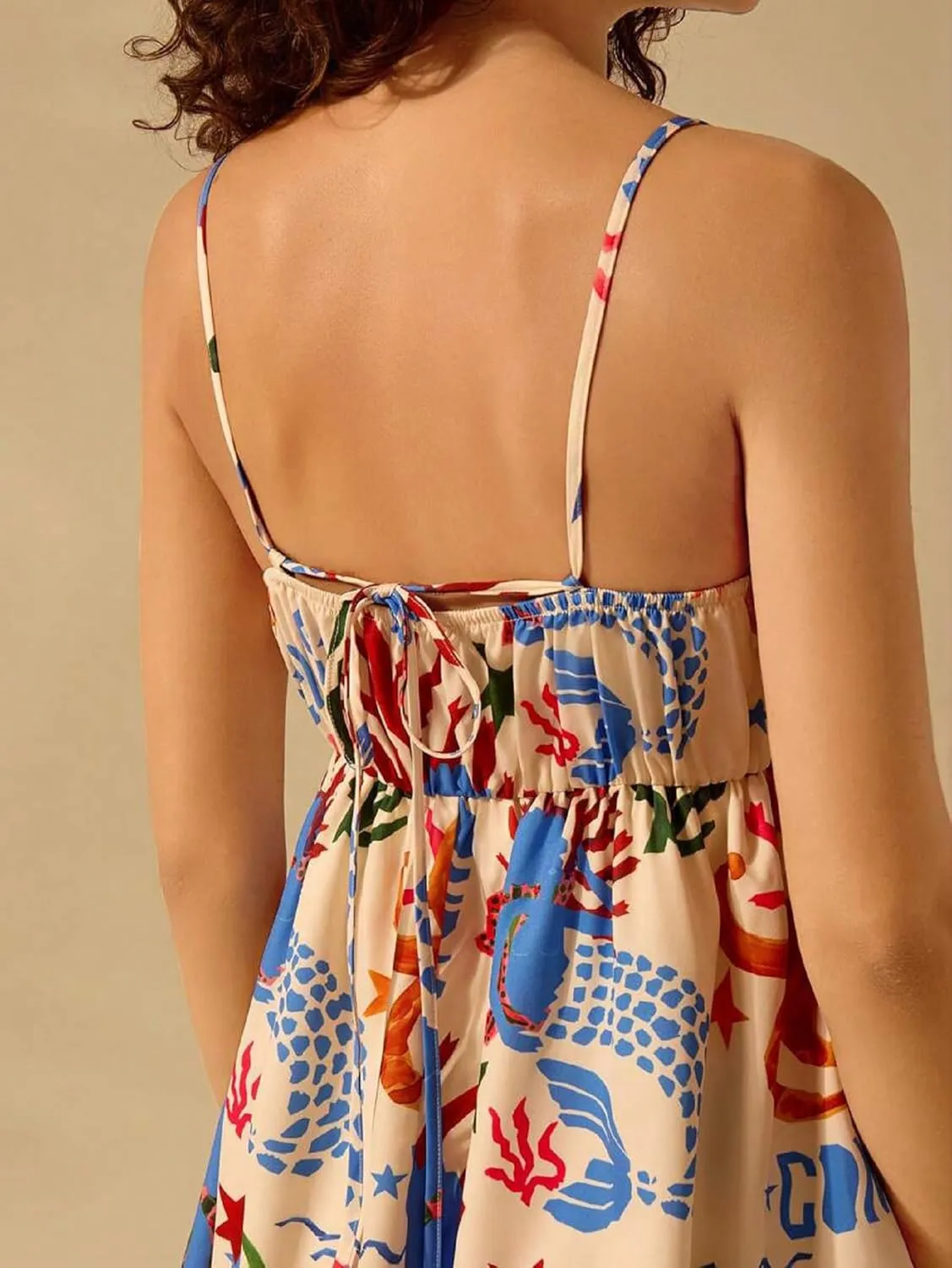 Women Boho Floral Cami Mini Dress Spaghetti Strap Printed A Line Short Dress Graffiti Cut Out Colorful Summer Dress
