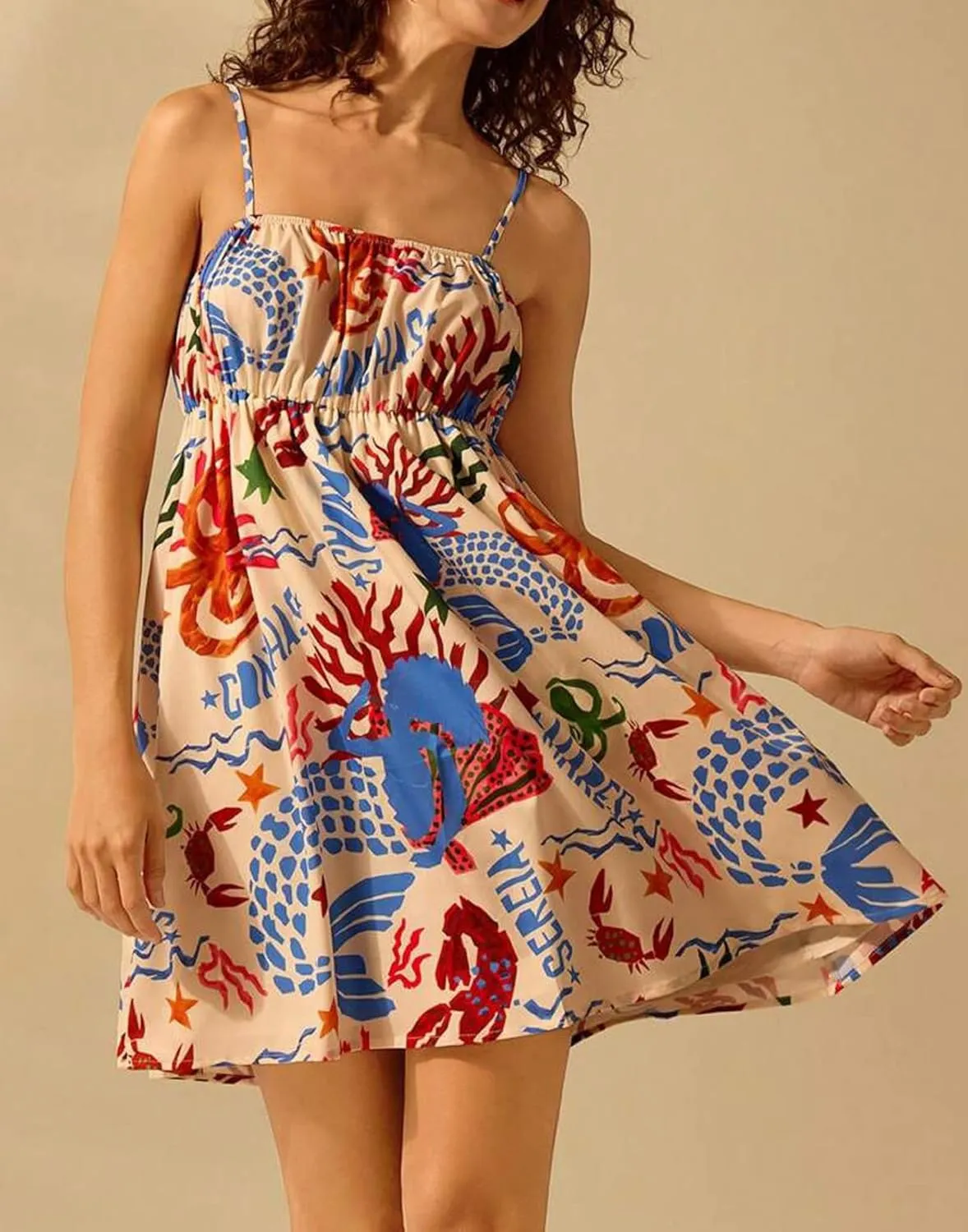 Women Boho Floral Cami Mini Dress Spaghetti Strap Printed A Line Short Dress Graffiti Cut Out Colorful Summer Dress