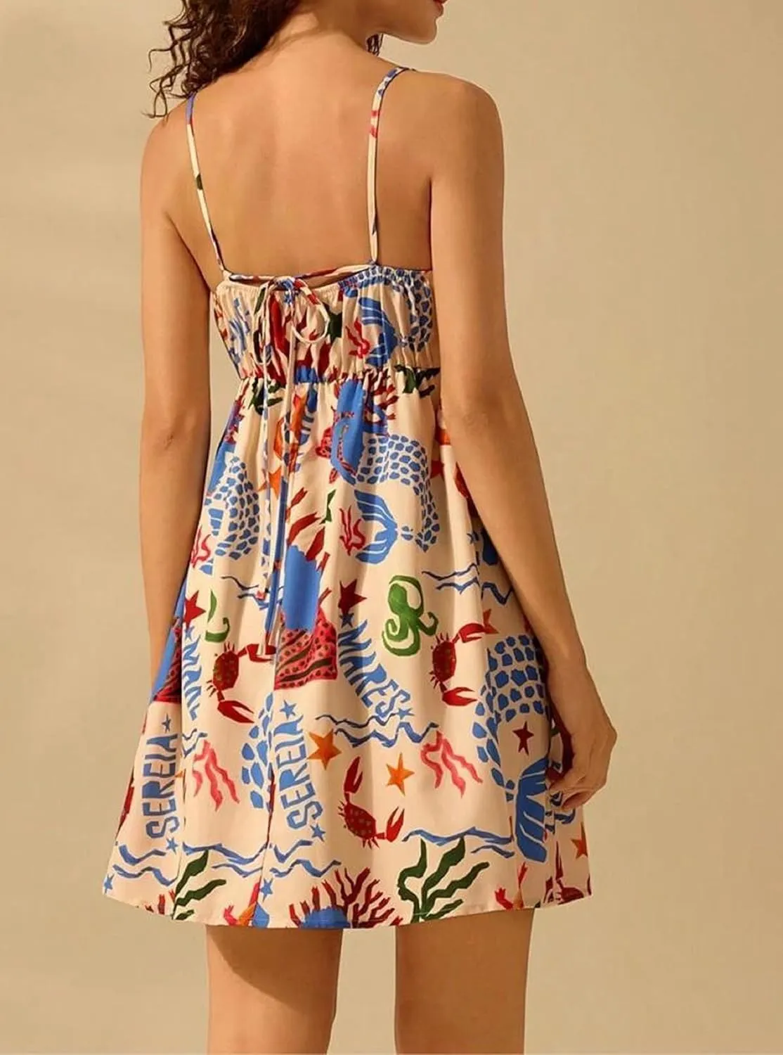 Women Boho Floral Cami Mini Dress Spaghetti Strap Printed A Line Short Dress Graffiti Cut Out Colorful Summer Dress