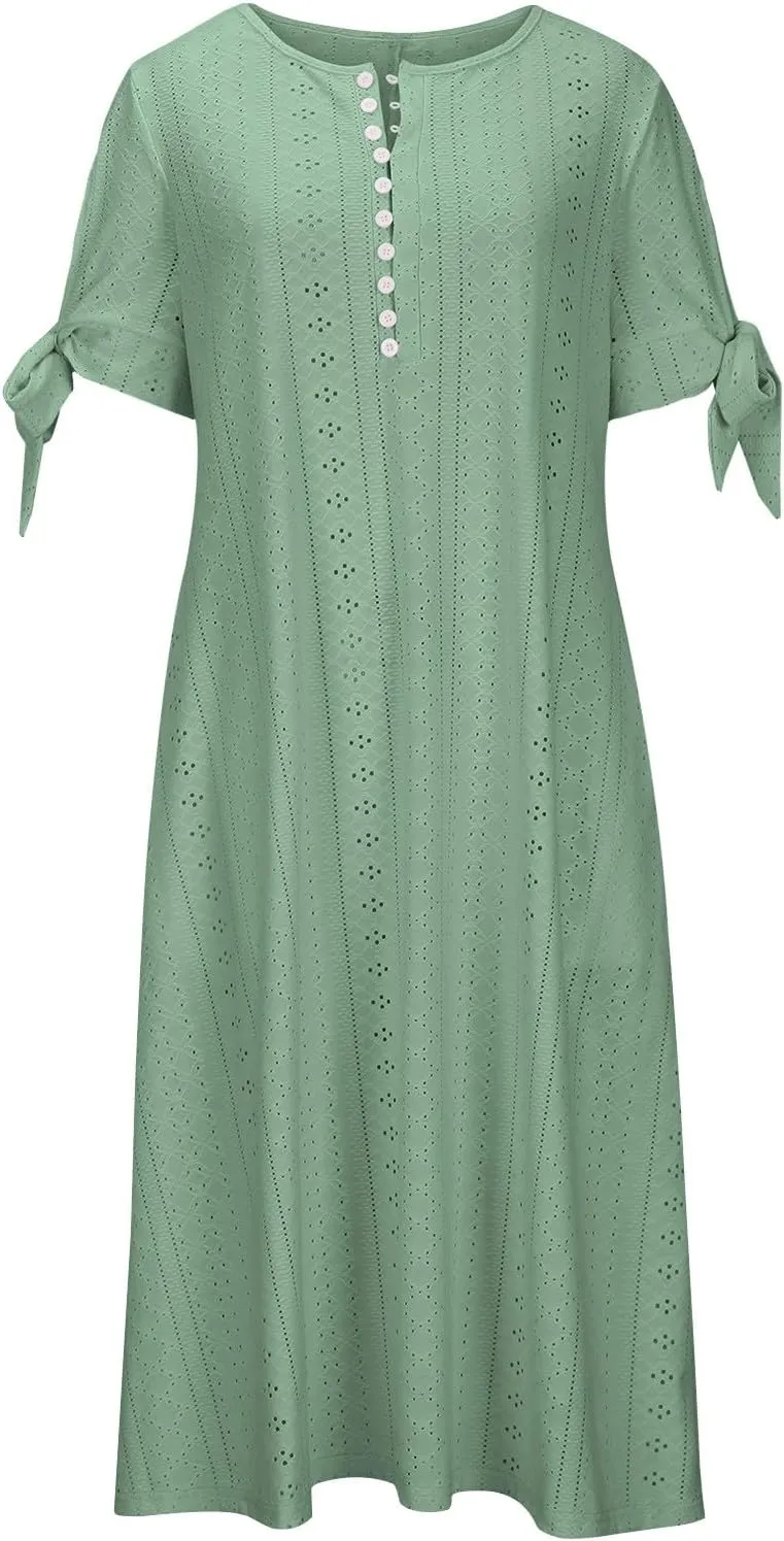 Women Boho Summer Dresses Eyelet V Neck Button Dress Short Sleeve Sundress Beach Vacation Long Dresses with Pockets