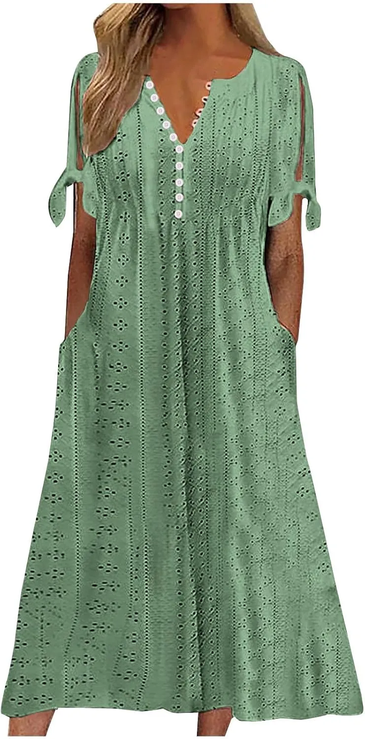 Women Boho Summer Dresses Eyelet V Neck Button Dress Short Sleeve Sundress Beach Vacation Long Dresses with Pockets