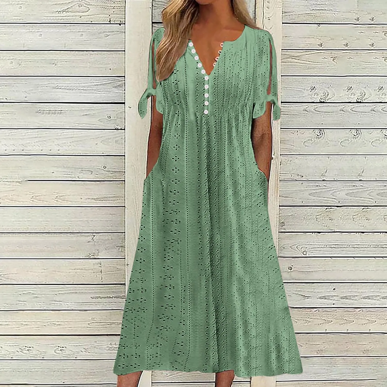Women Boho Summer Dresses Eyelet V Neck Button Dress Short Sleeve Sundress Beach Vacation Long Dresses with Pockets