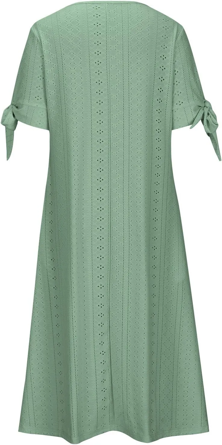Women Boho Summer Dresses Eyelet V Neck Button Dress Short Sleeve Sundress Beach Vacation Long Dresses with Pockets