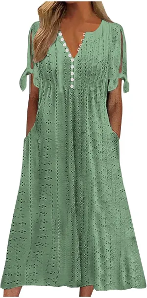 Women Boho Summer Dresses Eyelet V Neck Button Dress Short Sleeve Sundress Beach Vacation Long Dresses with Pockets