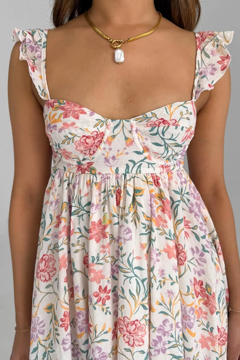 Women Cute Sleeveless Babydoll Mini Dress Ruffle Shoulder Square Neck Sundress Loose Fit Floral Lounge Beach Short Dress